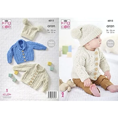 Image of King Cole Baby Aran Knitting Pattern Raglan Sleeve Cable Knit Cardigan &amp; Hat (6015)