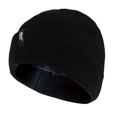 Image of HEAT HOLDERS Mens 3.6 tog Fleece Lined Thermal Turn Over Cuff Winter Beanie Hat 3 Colours (One Size, Black)