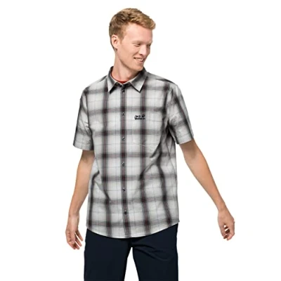 Image of Jack Wolfskin Men&#039;s Hot Chili Shirt M Airy Outdoor Short Sleeve Dusty Grey Checks S