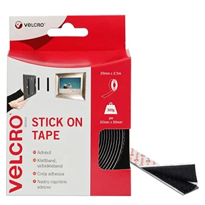 Image of VELCRO Brand Stick On Black, Hook and Loop Tape Self Roll 20mm x 2.5m. Cut to Length Strong Secure Adhesive Strips. Perfect Home, Office Garage Fasteners Solution