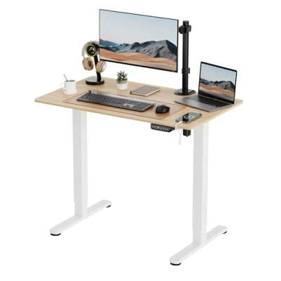 Image of VonHaus Electric Standing Desk, Height Adjustable Sit Stand Desk w/Anti Collision &amp; Preset Technology, Cable Management USB C Charging, 100x60cm, Two Piece Wooden Desktop White Frame