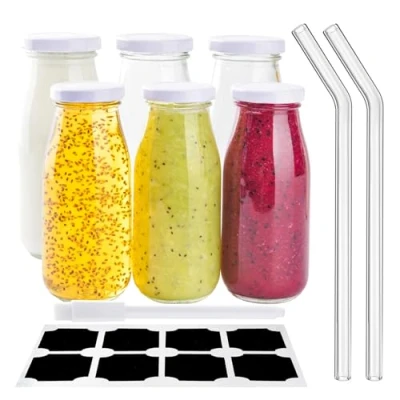 Image of 6Pcs 250ml Glass Milk Bottles with Lids, Small Juice Reusable Jars Mini Lids，Glass Straws，Labels and Whiteboard Pen for Beverages, Weddings Decoration