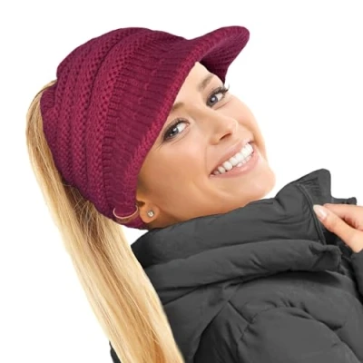 Image of TOSKATOK Ladies Slouchy Peaked Ponytail Messy Bun Knitted Beanie Hat Cap Morello