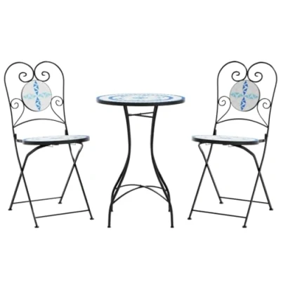 Image of vidaXL Mosaic Bistro Set with Round Table and Foldable Chairs Blue/White Iron/Ceramic Durable Outdoor/Indoor Furniture