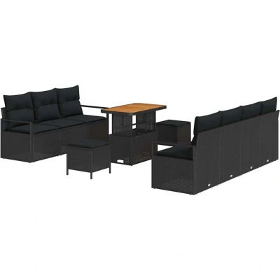 Image of vidaXL 10 Piece Garden Sofa Set with Cushions Black Poly Rattan Acacia