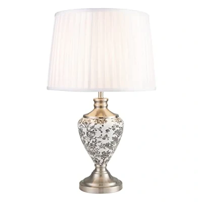 Image of Lighting Supermarket Hepburn Large Printed Ceramic Table Lamp with Ivory Pleat Shade Black Print &amp; Silver
