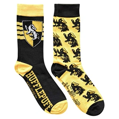 Image of Harry Potter Hufflepuff House Crest Pattern Men&#039;s Crew Socks 2 Pair Pack Shoe Size 6 12