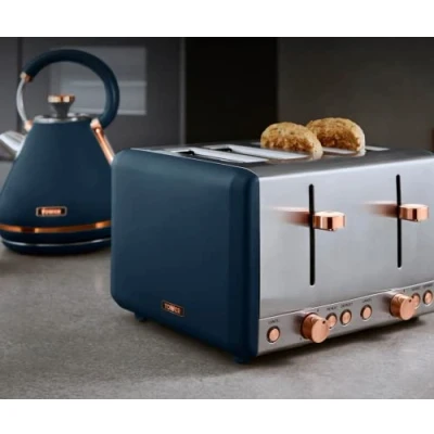 Image of TOWER Cavaletto 1.7L 3 KW Pyramid Kettle and 4 Slice 1600W Toaster. Matching &amp; Toaster Set in Midnight Blue Rose Gold