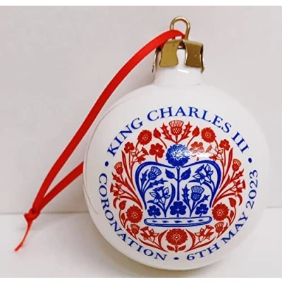 Image of HM King Charles III Coronation Emblem Bauble 7 cm Gift Boxed Fine Bone China Commemorative Celebration Hand Decorated UK