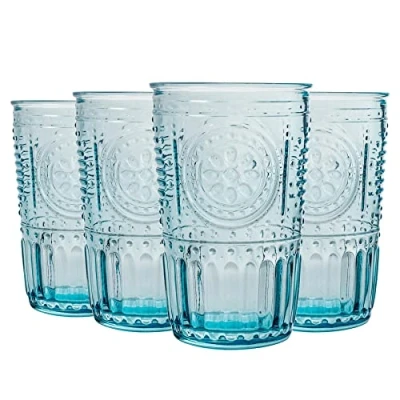 Image of Bormioli Rocco Romantic Highball Glasses Floral Decorated Boho Water Juice Cocktail Tumblers 340ml Blue Pack of 8