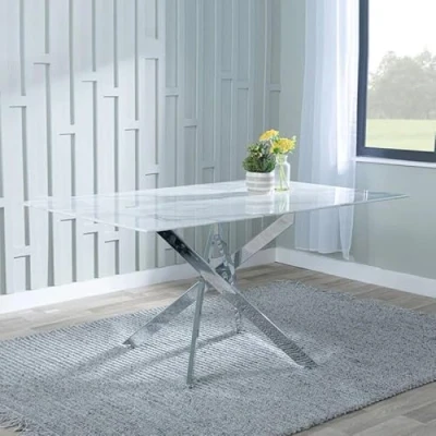 Image of Ashley 6 Seater Glass Dining Table with Chrome Metal Legs 150cm