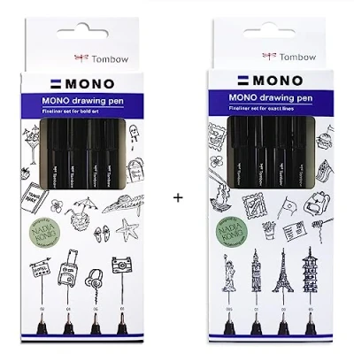 Image of Tombow Fineliner MONO Drawing Pen Set Bundle, Pigment Ink, Water and Light Resistant, for Sketching, Illustrating Drawing, Black, of 8
