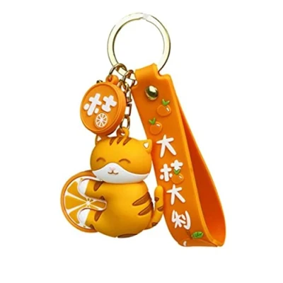 Image of Oikabio key Chain, With an orange cat holding orange,Cute PVC Cartoon Chain,Key chain Accessories for the bag,Easy to carry Car,Gift someone who loves cats,Lovers,Kids