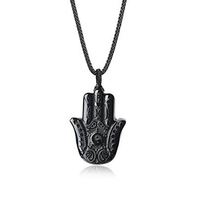 Image of COAI Adjustable Nylon Cord Hamsa Hand Black Obsidian Stone Necklace