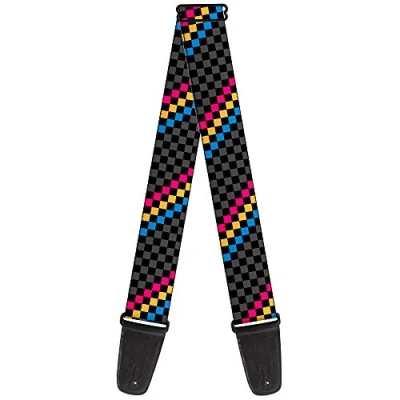 Image of Buckle Down Guitar Strap Checker Stripe Black Gray Blue Gold Pink 2 Inches Wide