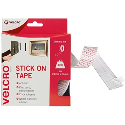 Image of VELCRO Brand Stick On Tape Cut to Length Strong Hook &amp; Loop Self Adhesive Sticky Perfect for Room Décor Home, Office, Garage Use White 20mm x 5m