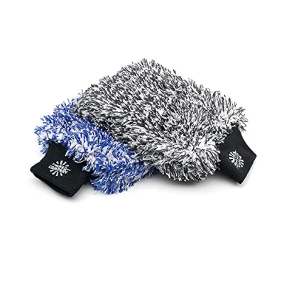 Image of The Rag Company Cyclone Ultra Wash Mitts 70/30 &#039;Gauntlet&#039; Blend Korean Microfiber, Foam Padding, Scratch Free, Lint Great for Rinseless Washing, 8in x 9in, Blue + Black (2 Pack)
