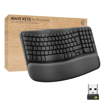 Image of Logitech Wave Keys for Business, Wireless Ergonomic Keyboard with Cushioned Palm Rest, Secure Logi Bolt Technology, Bluetooth, Compatible Windows/Mac/Chrome/Linux Graphite