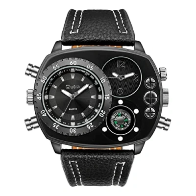 Image of JewelryWe Military Dual Time Zone Watch for Men Big Dial Quartz Cool Punk Leather Wristwatch, Fathers Day