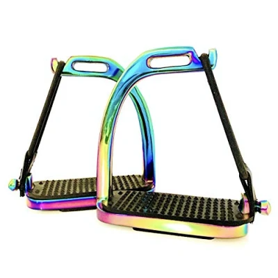 Image of ExtremE PEACOCK RAINBOW Gloss Fillis Safety STIRRUPS Horse Riding S/Steel With Black Treads 4&quot; &amp; 4.75&quot; (Rainbow, 4 Inches)
