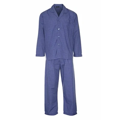 Image of Mens Champion Checked Design Long Cotton Pyjama Sleepwear Nightwear (Blue) L