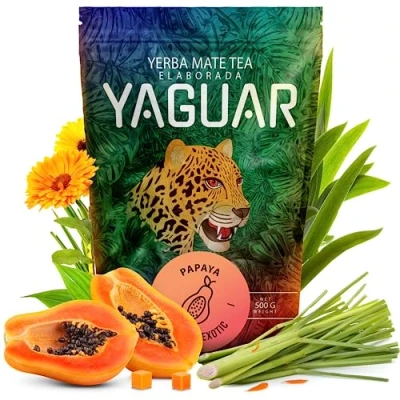 Image of Yaguar Papaya Yerba Mate Tea from Brazil 500g Rich Mix Of Tea, Papaya, Mango, Calendula, Lemongrass High Content Natural Caffeine With Vitamins, Minerals, Antioxidants