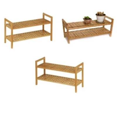 Image of 2 Tier Shoe Rack Shelf Stand Natural Walnut Finish Solid Wood Storage Organiser