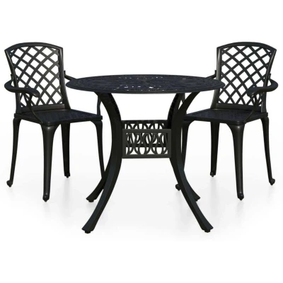 Image of vidaXL 3 Piece Industrial Style Bistro Set in Cast Aluminium Ergonomic Garden Chairs with High Backrest &amp; Round Table Durable Outdoor Furniture Black