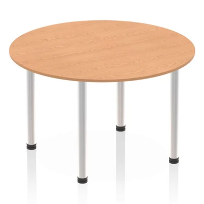 Image of Impulse 1200mm Round Table Oak Top Brushed Aluminium Post Leg