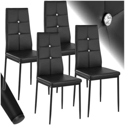 Image of TecTake® Set of 4 Dining Chairs with Faux Leather Covers &amp; Rhinestones, Chair High Backrests, Slim Steel Legs Soft Padding, Ideal as Kitchen Room Black