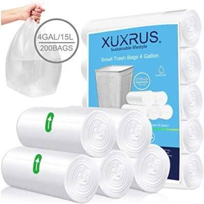 Image of XUXRUS Small Bin Liners 15 Liter Bags Clear Plastic Garbage 200 Counts Wastebasket Pedal for Bathroom Bedroom Office,Fit 20 Liter, 2.6,3,4, Gal