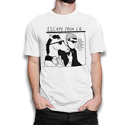 Image of Atp Men&#039;s White T shirt, BoJack Horseman Escape from L.A. Graphic Tee, Regular Fit, 98% Cotton, Machine Washable