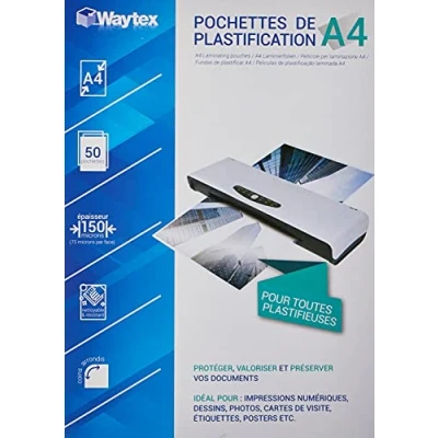 Image of Waytex Pack of 50 A4 Laminating Sheets 75 Microns Glossy Finish Transparent