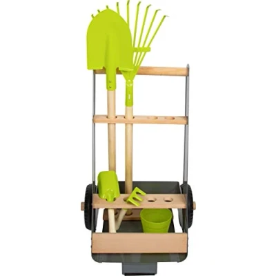Image of Small Foot 11663 Garden Trolley Set Made of Beech Wood and Metal incl. Spade, Plant Pot, Shovel rake, for Children from 3 Years Toys, Multicoloured