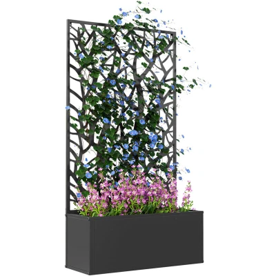 Image of Outsunny Metal Garden Bed with Trellis, Wall Mounted or Freestanding Raised Planter Privacy Panel, Two Big Trees Cut out Screen Box for Climbing Plants, Flowers, Vegetables