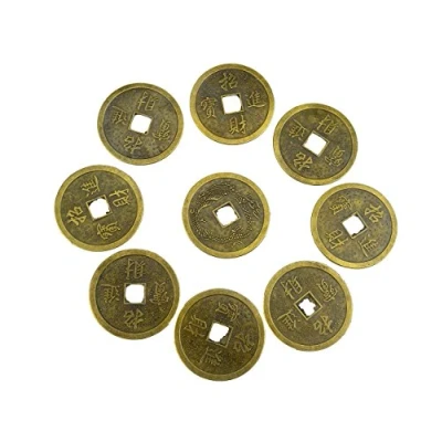 Image of juanxian 9pcs Chinese Fortune Coins Feng Shui Dragon &amp; Phoenix I Ching Coin + Gift Bag Y1057,Gold,1.7 in