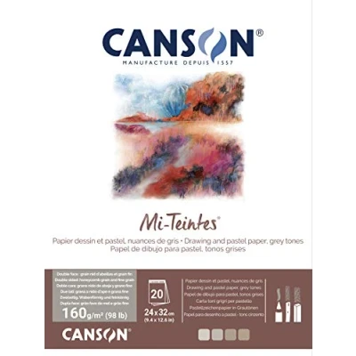 Image of CANSON Mi Teintes Coloured Drawing 160gsm 24x32cm Paper Pack, Double Sided: Honeycomb &amp; Fine Grain, Pad Glued Short Side, 4 Grey Tones, 20 Sheets, Ideal for Professional Artists Illustrators