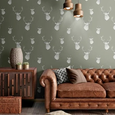 Image of Catherine Lansfield Stag Wallpaper Sage Green