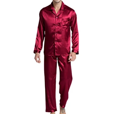 Image of Men’s Sleepwear Satin Pyjama Set Nightwear Loungewear (Burgundy, X Large)