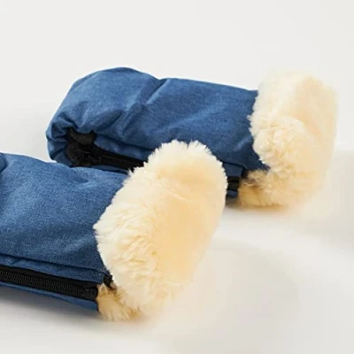 Image of Naturally Sheepskins Handmuffs Weatherproof Fleece Lined with Merino Lambskin Cuff (Linear Navy)