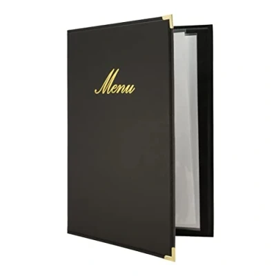 Image of Securit Classic Leather Menu Range Faux A4 Holder with 4 Page View, Long Cover, Small Folder Book for Restaurant &amp; Cafe Black