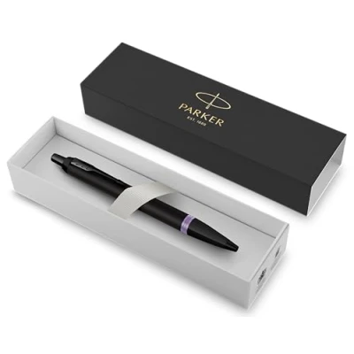 Image of Parker IM Premium Ballpoint Pen Matte Black with Amethyst Purple Ring Ink Gift Boxed