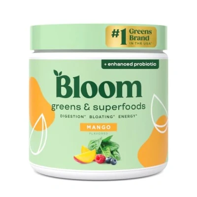 Image of Bloom Nutrition Super Greens Powder Smoothie &amp; Juice Mix Probiotics for Digestive Health Bloating Relief Women, Enzymes with Superfoods Spirulina Chlorella Gut (Mango)