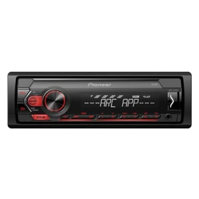Image of Pioneer MVH S120UB 1 DIN receiver with red illumination, USB and compatible Android devices.