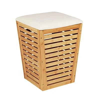 Image of WENKO laundry chest Bambusa with seat cushion, basket made of bamboo 55 L volume in cream, loadable up to 120 kg, bench storage space for laundry, 40 x 56 cm