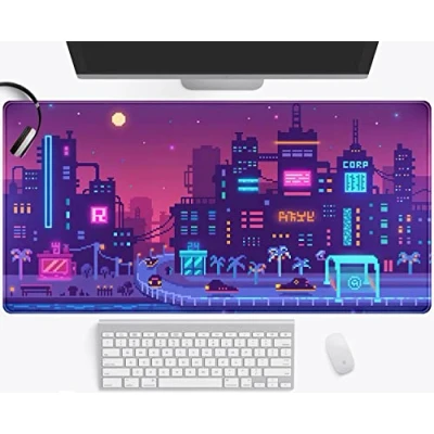 Image of Japanese Purple Anime Desk Mat, Tokyo City Street Mouse Pad Pixel Art Neon Vaporwave XXL, Long Laptop Keyboard Mats for Kawaii Full Mousepad Gaming Accessories 31.5x15.75 in