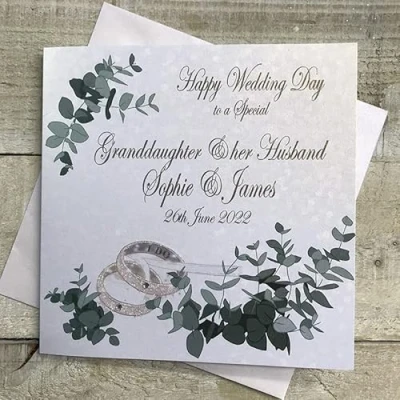 Image of WHITE COTTON CARDS PERSONALISED WEDDING CARD GRANDDAUGHTER &amp; HUSBAND RINGS GREENERY DESIGN (P20 65 GD XP20 GD)