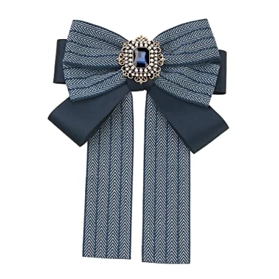 Image of Elerevyo Bow Ties Striped Pre Tied Long Tail Ribbon Brooch Pin for Women Fashion Navy Blue One Size