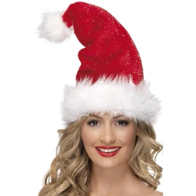 Image of Smiffys Santa Hat, Red with Tinsel, Deluxe, Christmas Fancy Dress Accessory, Up Hats