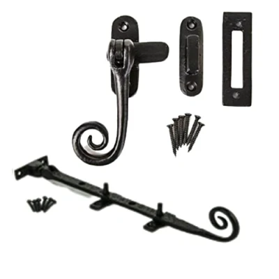 Image of Black Monkey Tail Window Casement Fastener &amp; Stays Combo Set Vintage Catch Curly End Antique Cast Iron Mortice Latch.